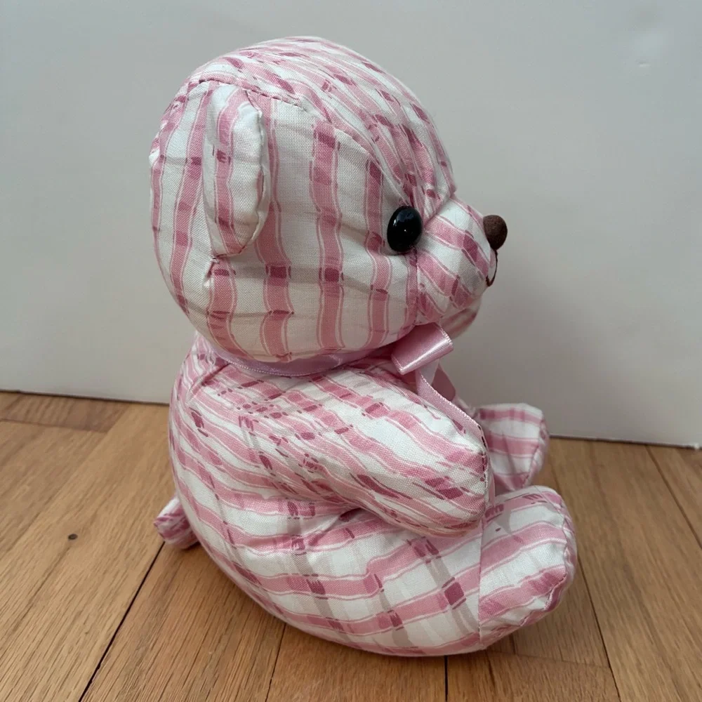 NWOT Saks Fifth Avenue Vintage Pink/White w/It. tan Striped Bear, stuffed muslin